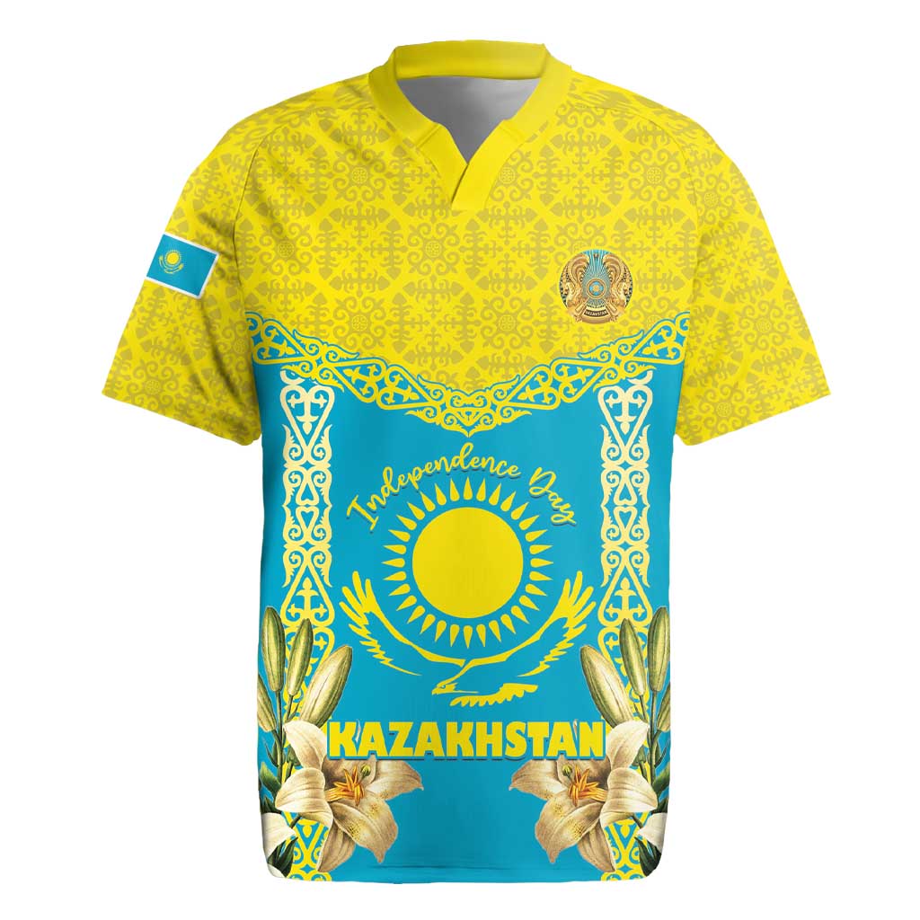 Personalised Kazakhstan Independence Day Rugby Jersey Lilium Peregrinum - Kazakh Pattern - Wonder Print Shop
