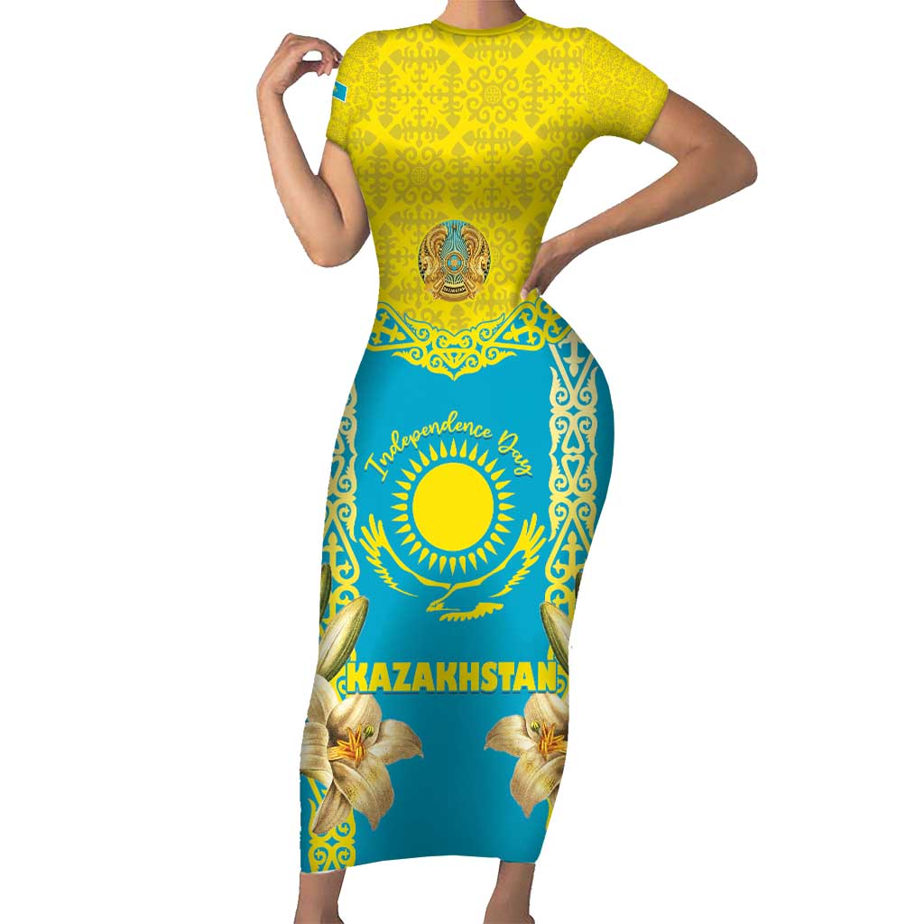 Personalised Kazakhstan Independence Day Short Sleeve Bodycon Dress Lilium Peregrinum - Kazakh Pattern - Wonder Print Shop
