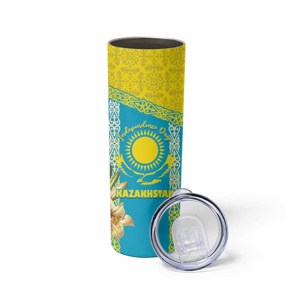 Personalised Kazakhstan Independence Day Skinny Tumbler Lilium Peregrinum - Kazakh Pattern - Wonder Print Shop