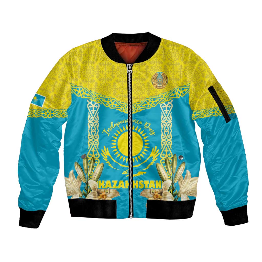 Personalised Kazakhstan Independence Day Sleeve Zip Bomber Jacket Lilium Peregrinum - Kazakh Pattern - Wonder Print Shop