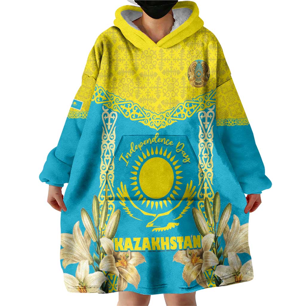 Personalised Kazakhstan Independence Day Wearable Blanket Hoodie Lilium Peregrinum - Kazakh Pattern - Wonder Print Shop