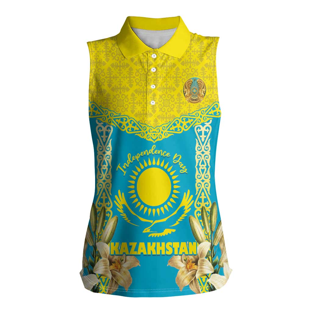 Personalised Kazakhstan Independence Day Women Sleeveless Polo Shirt Lilium Peregrinum - Kazakh Pattern - Wonder Print Shop