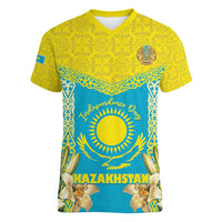 Personalised Kazakhstan Independence Day Women V-Neck T-Shirt Lilium Peregrinum - Kazakh Pattern - Wonder Print Shop