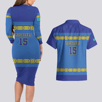 Custom Kazakhstan Hockey Couples Matching Long Sleeve Bodycon Dress and Hawaiian Shirt Go Kazakh - Wonder Print Shop