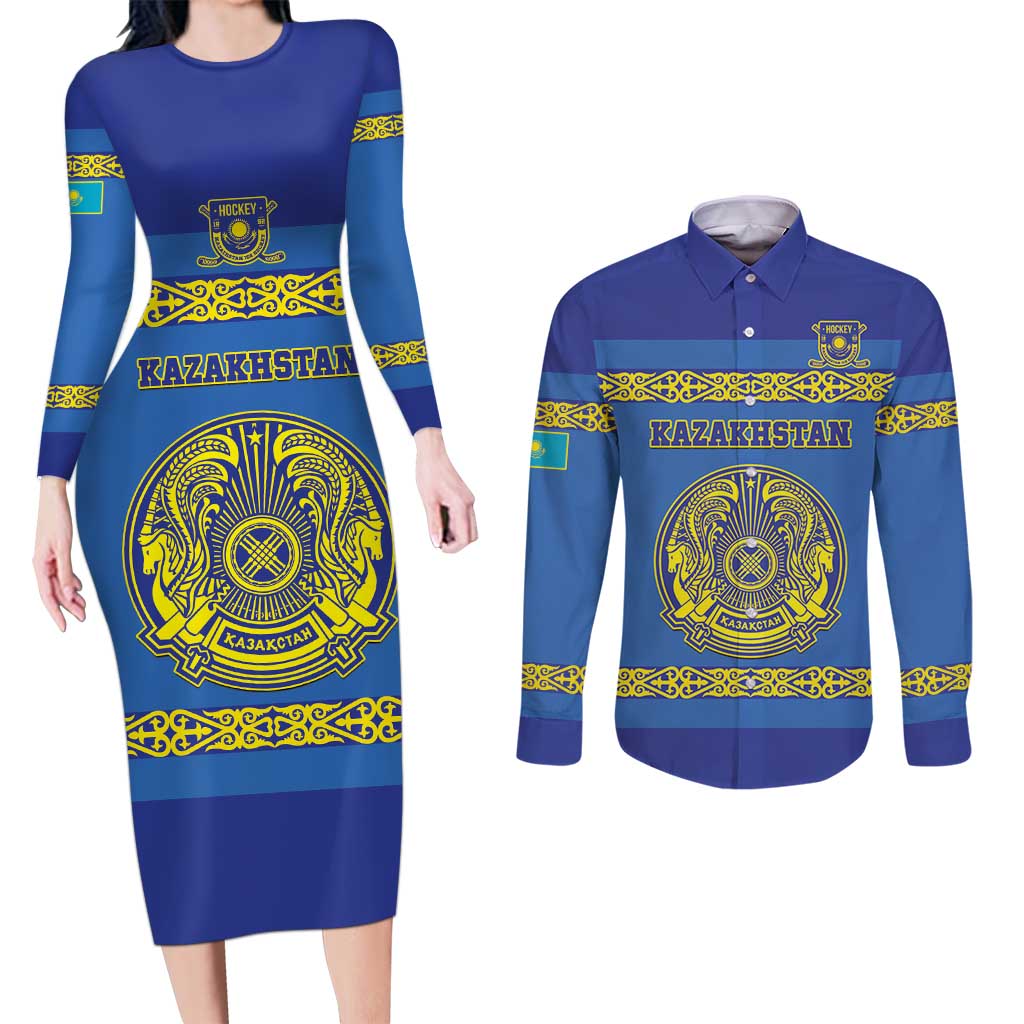 Custom Kazakhstan Hockey Couples Matching Long Sleeve Bodycon Dress and Long Sleeve Button Shirt Go Kazakh - Wonder Print Shop