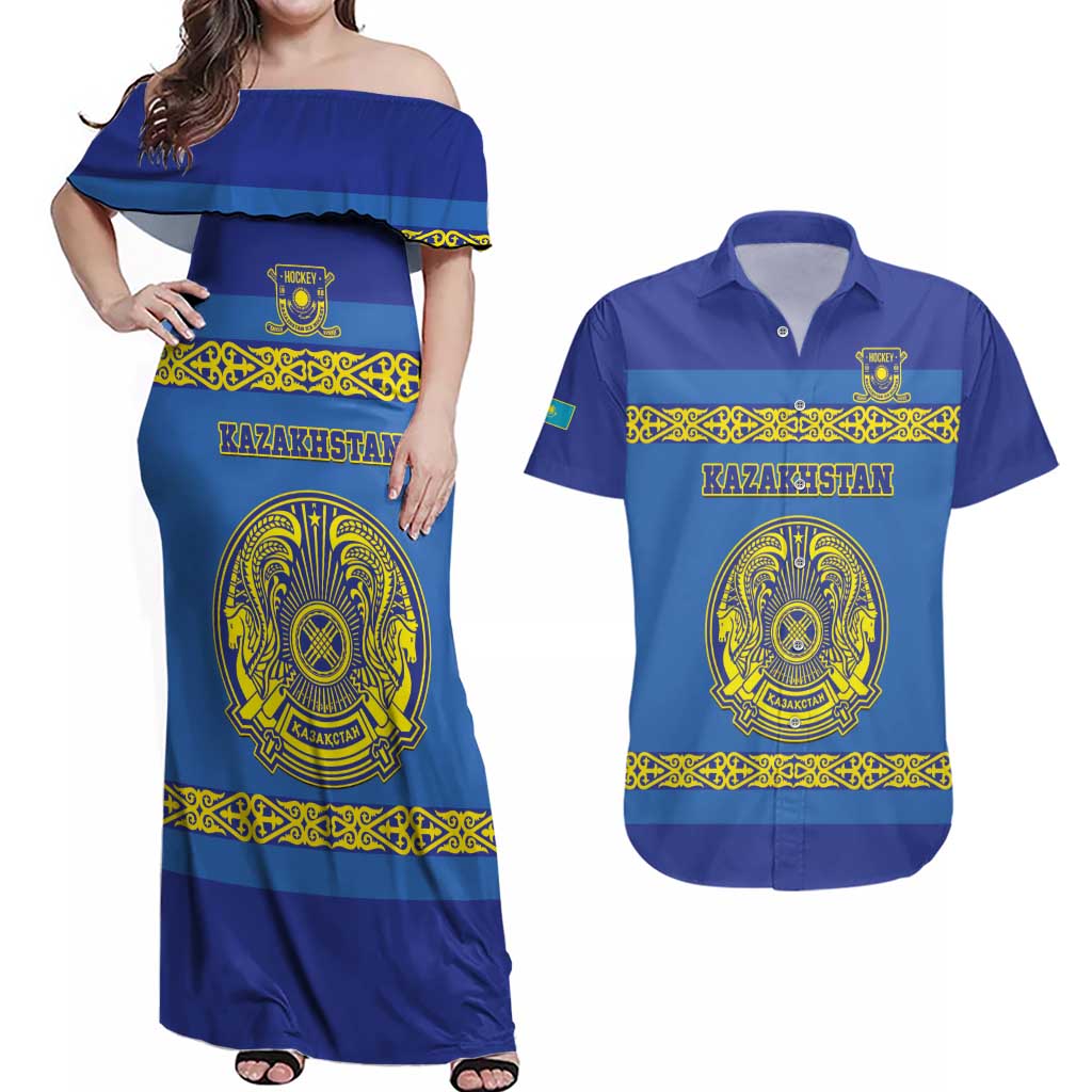 Custom Kazakhstan Hockey Couples Matching Off Shoulder Maxi Dress and Hawaiian Shirt Go Kazakh - Wonder Print Shop