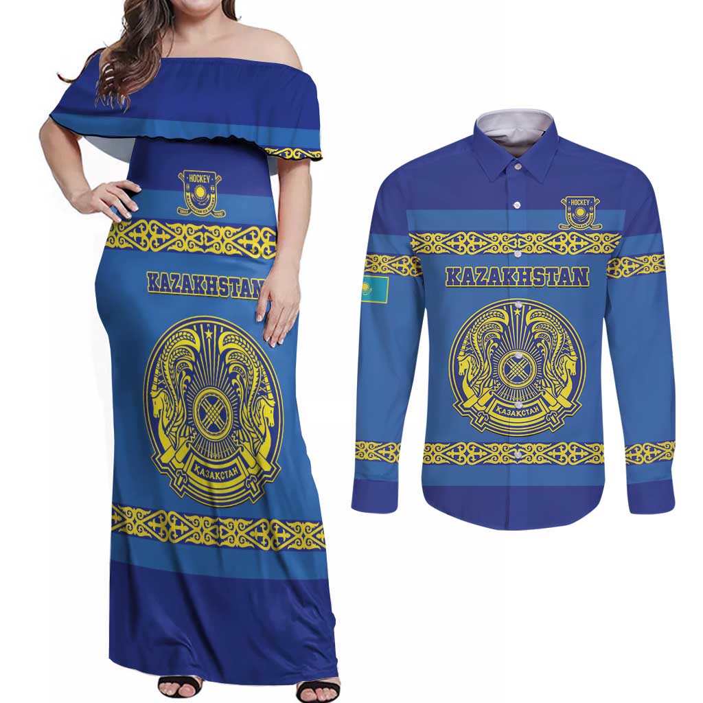 Custom Kazakhstan Hockey Couples Matching Off Shoulder Maxi Dress and Long Sleeve Button Shirt Go Kazakh - Wonder Print Shop