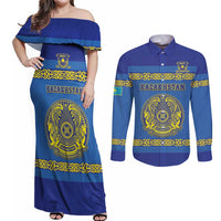 Custom Kazakhstan Hockey Couples Matching Off Shoulder Maxi Dress and Long Sleeve Button Shirt Go Kazakh - Wonder Print Shop