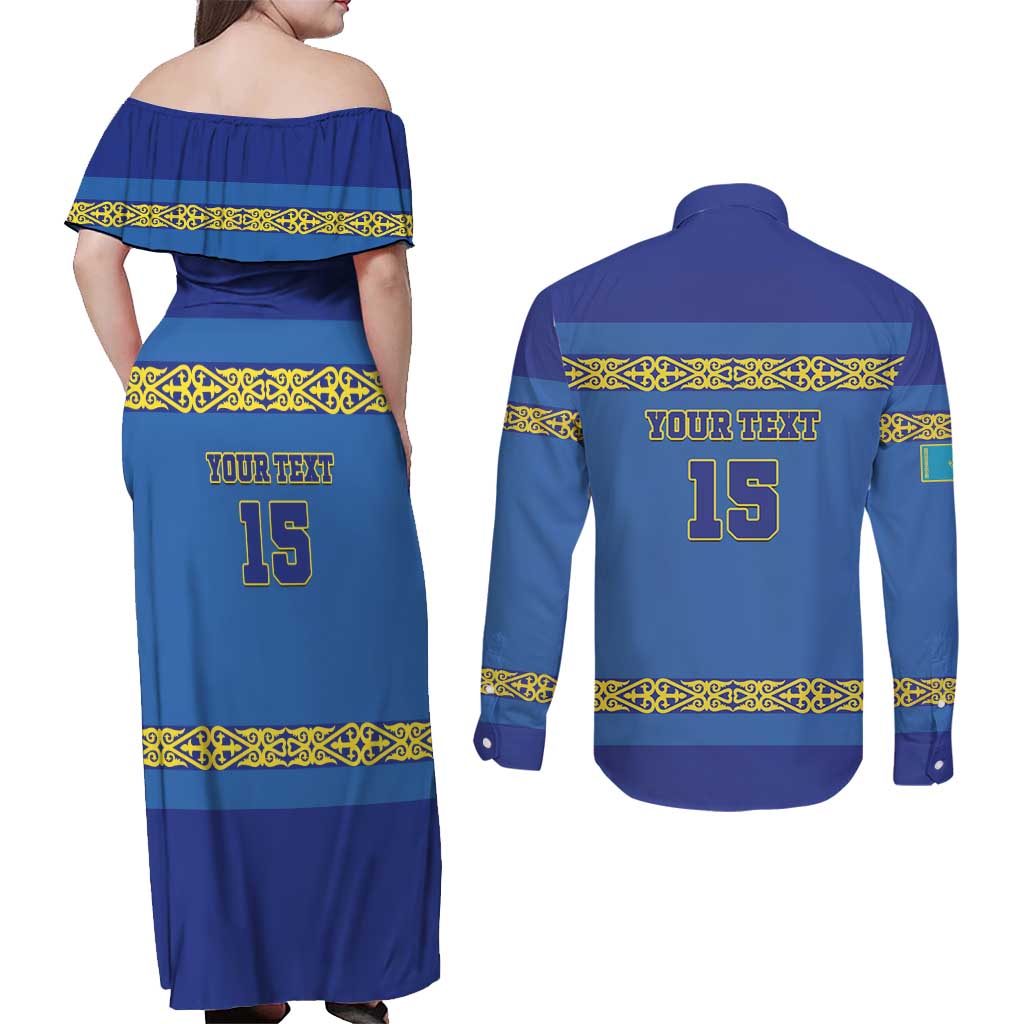 Custom Kazakhstan Hockey Couples Matching Off Shoulder Maxi Dress and Long Sleeve Button Shirt Go Kazakh - Wonder Print Shop