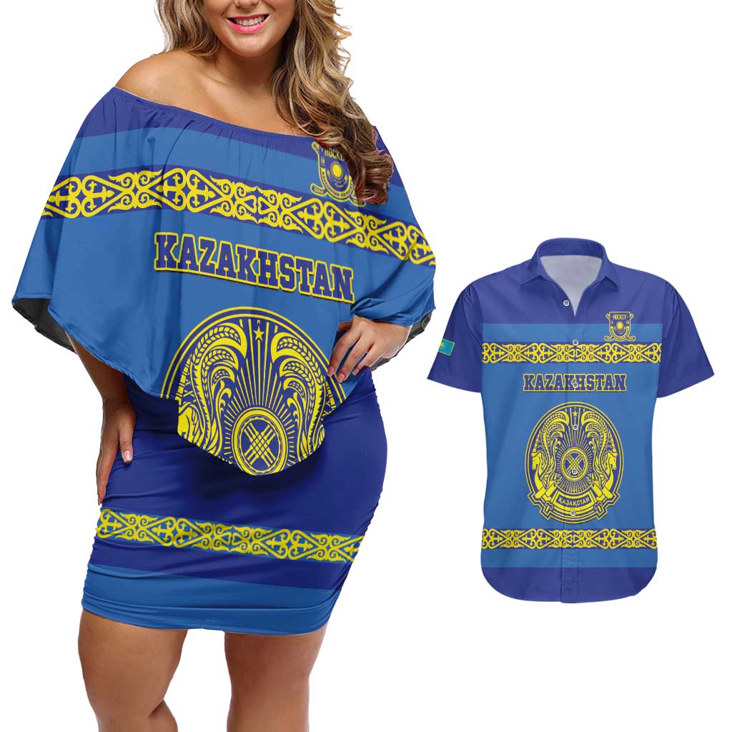 Custom Kazakhstan Hockey Couples Matching Off Shoulder Short Dress and Hawaiian Shirt Go Kazakh - Wonder Print Shop