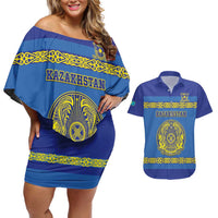 Custom Kazakhstan Hockey Couples Matching Off Shoulder Short Dress and Hawaiian Shirt Go Kazakh - Wonder Print Shop