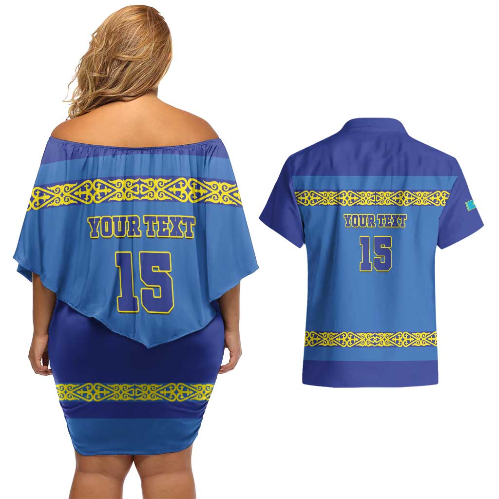 Custom Kazakhstan Hockey Couples Matching Off Shoulder Short Dress and Hawaiian Shirt Go Kazakh - Wonder Print Shop