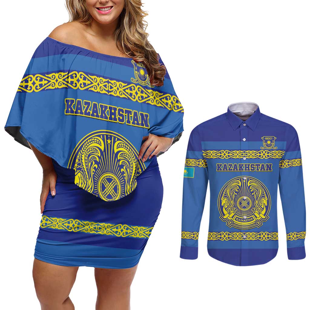 Custom Kazakhstan Hockey Couples Matching Off Shoulder Short Dress and Long Sleeve Button Shirt Go Kazakh - Wonder Print Shop