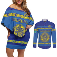 Custom Kazakhstan Hockey Couples Matching Off Shoulder Short Dress and Long Sleeve Button Shirt Go Kazakh - Wonder Print Shop