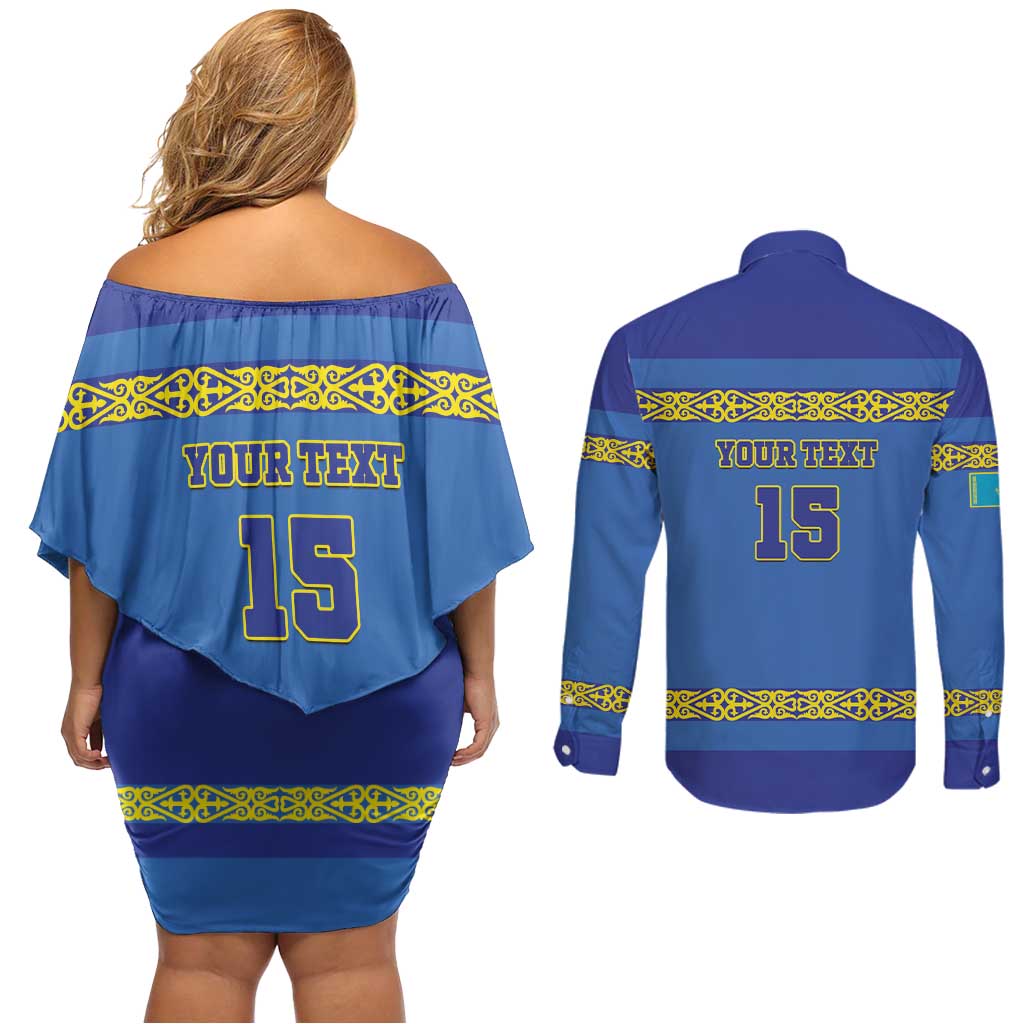 Custom Kazakhstan Hockey Couples Matching Off Shoulder Short Dress and Long Sleeve Button Shirt Go Kazakh - Wonder Print Shop