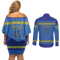 Custom Kazakhstan Hockey Couples Matching Off Shoulder Short Dress and Long Sleeve Button Shirt Go Kazakh - Wonder Print Shop