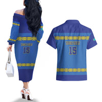 Custom Kazakhstan Hockey Couples Matching Off The Shoulder Long Sleeve Dress and Hawaiian Shirt Go Kazakh - Wonder Print Shop