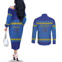 Custom Kazakhstan Hockey Couples Matching Off The Shoulder Long Sleeve Dress and Long Sleeve Button Shirt Go Kazakh