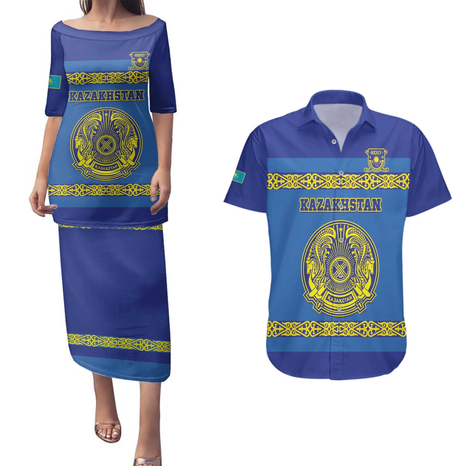 Custom Kazakhstan Hockey Couples Matching Puletasi and Hawaiian Shirt Go Kazakh - Wonder Print Shop
