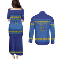 Custom Kazakhstan Hockey Couples Matching Puletasi and Long Sleeve Button Shirt Go Kazakh - Wonder Print Shop