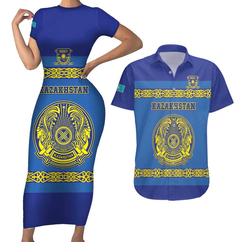 Custom Kazakhstan Hockey Couples Matching Short Sleeve Bodycon Dress and Hawaiian Shirt Go Kazakh - Wonder Print Shop