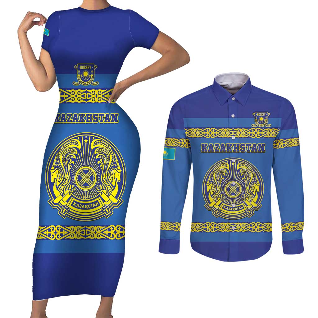 Custom Kazakhstan Hockey Couples Matching Short Sleeve Bodycon Dress and Long Sleeve Button Shirt Go Kazakh - Wonder Print Shop