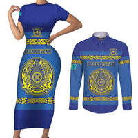Custom Kazakhstan Hockey Couples Matching Short Sleeve Bodycon Dress and Long Sleeve Button Shirt Go Kazakh - Wonder Print Shop