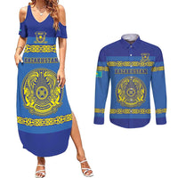 Custom Kazakhstan Hockey Couples Matching Summer Maxi Dress and Long Sleeve Button Shirt Go Kazakh - Wonder Print Shop