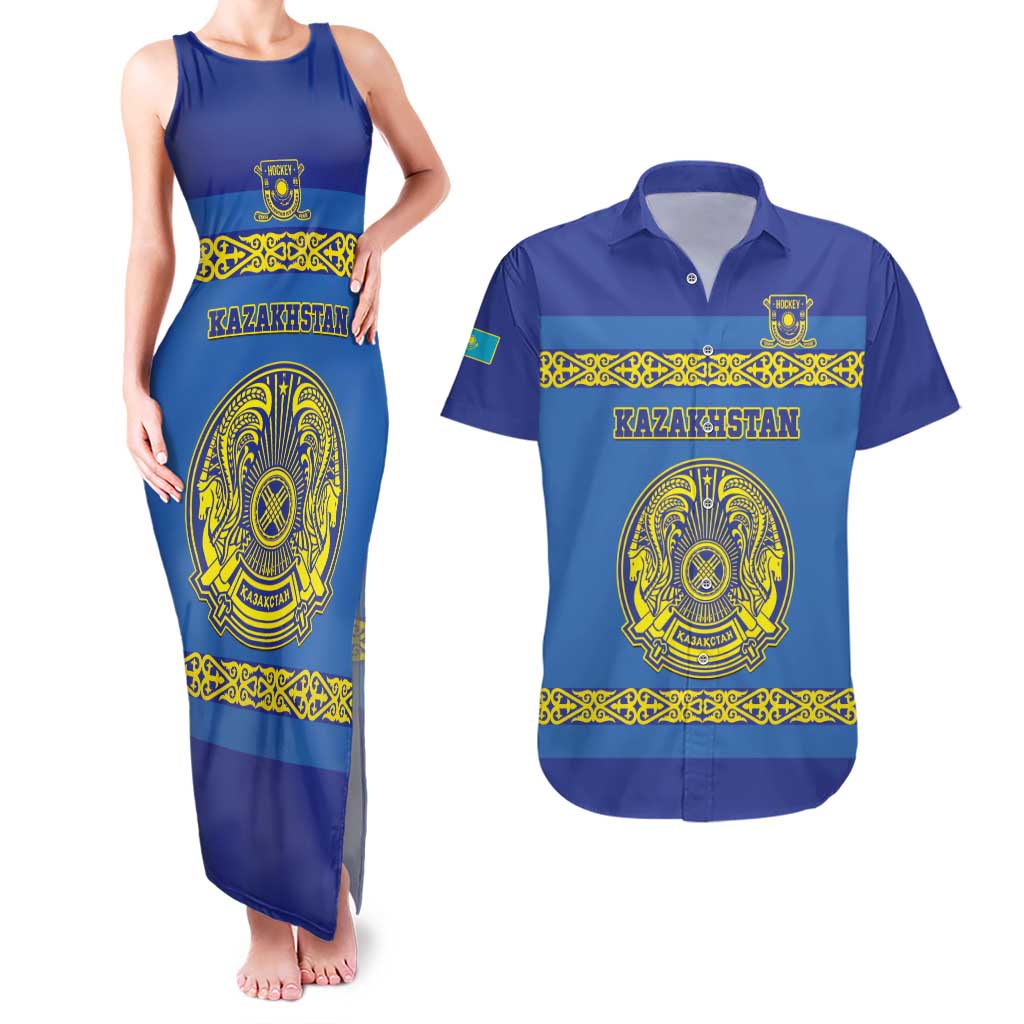 Custom Kazakhstan Hockey Couples Matching Tank Maxi Dress and Hawaiian Shirt Go Kazakh - Wonder Print Shop