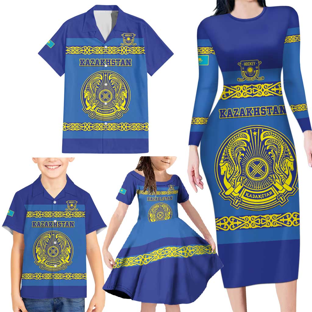 Custom Kazakhstan Hockey Family Matching Long Sleeve Bodycon Dress and Hawaiian Shirt Go Kazakh - Wonder Print Shop