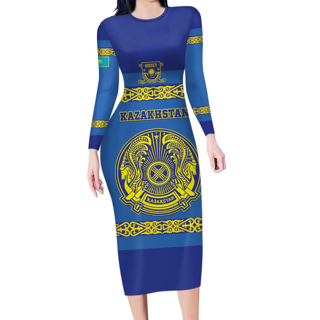 Custom Kazakhstan Hockey Family Matching Long Sleeve Bodycon Dress and Hawaiian Shirt Go Kazakh - Wonder Print Shop