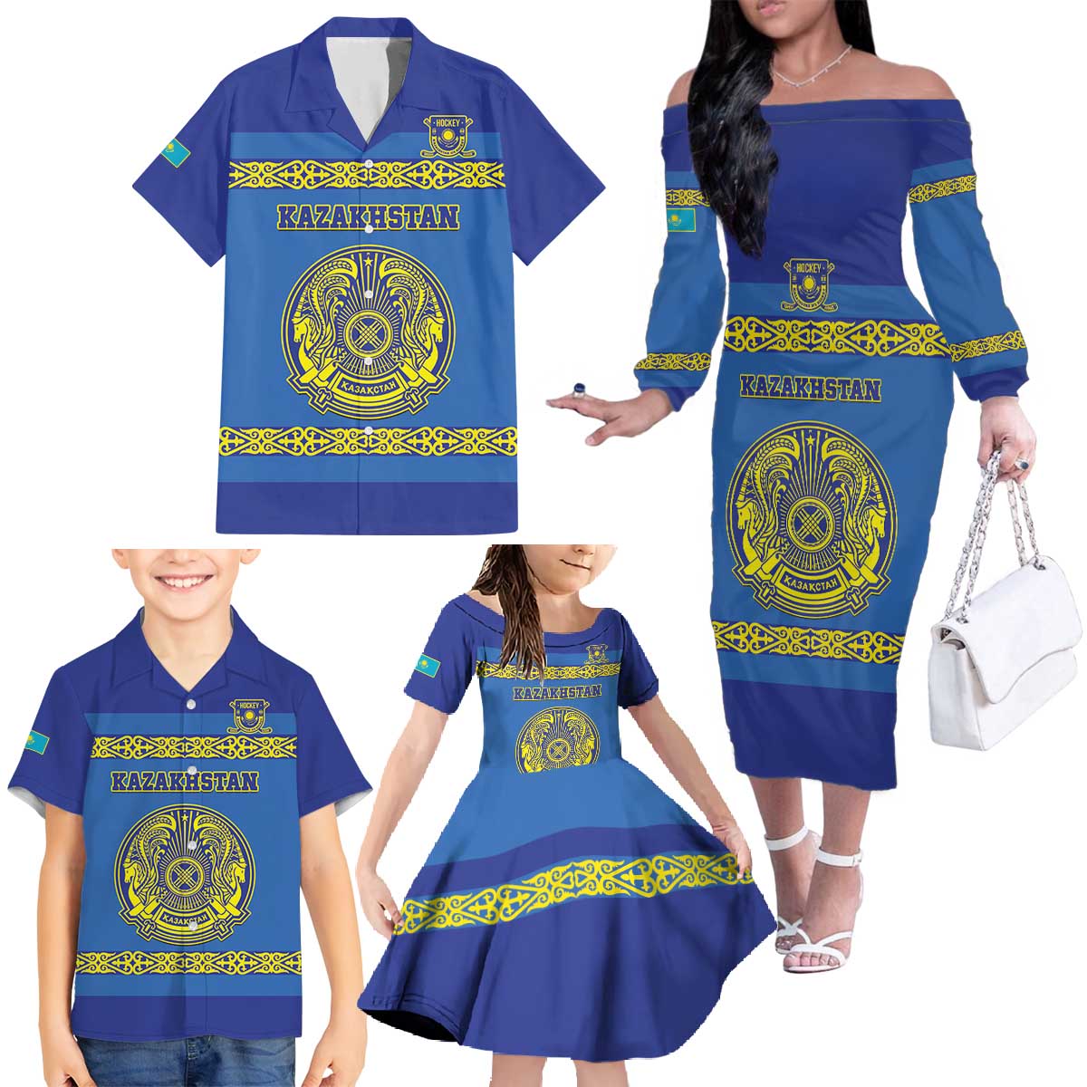 Custom Kazakhstan Hockey Family Matching Off The Shoulder Long Sleeve Dress and Hawaiian Shirt Go Kazakh - Wonder Print Shop