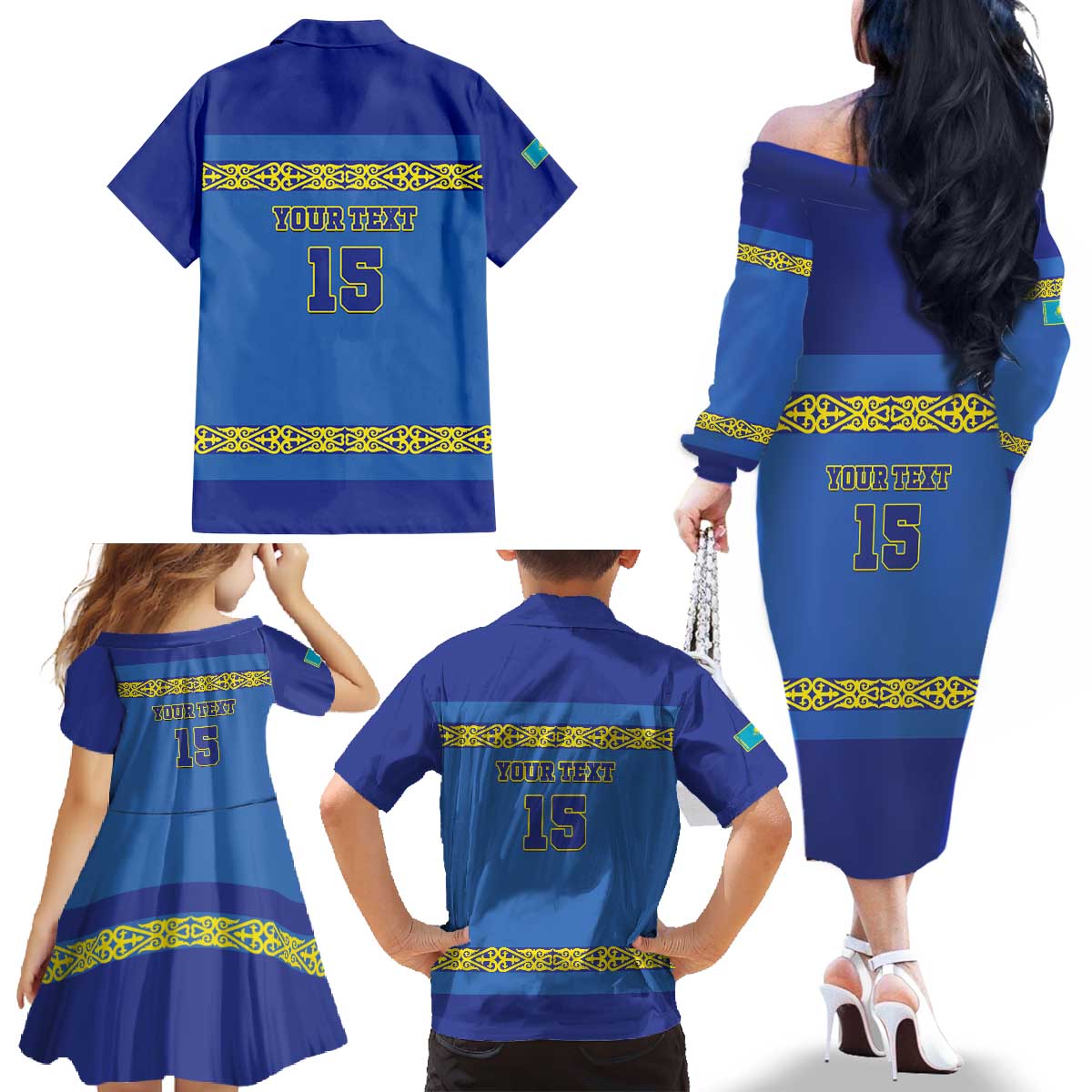 Custom Kazakhstan Hockey Family Matching Off The Shoulder Long Sleeve Dress and Hawaiian Shirt Go Kazakh - Wonder Print Shop
