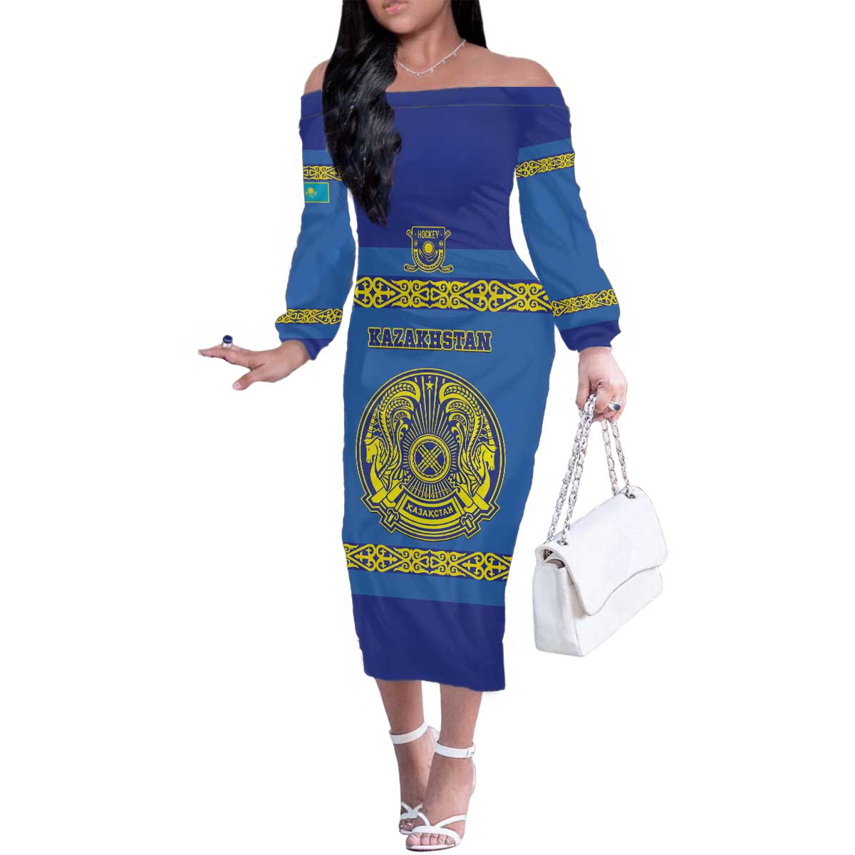Custom Kazakhstan Hockey Family Matching Off The Shoulder Long Sleeve Dress and Hawaiian Shirt Go Kazakh - Wonder Print Shop