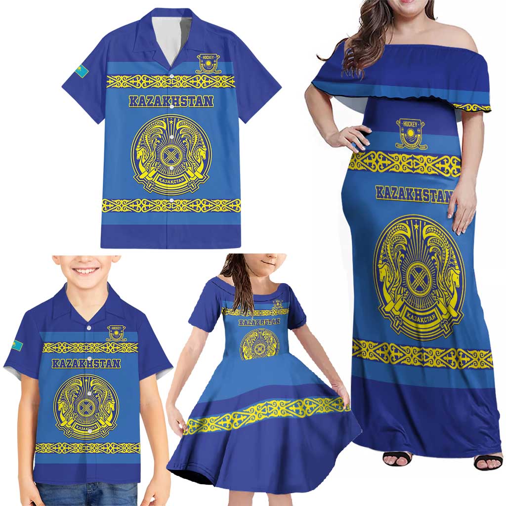 Custom Kazakhstan Hockey Family Matching Off Shoulder Maxi Dress and Hawaiian Shirt Go Kazakh - Wonder Print Shop