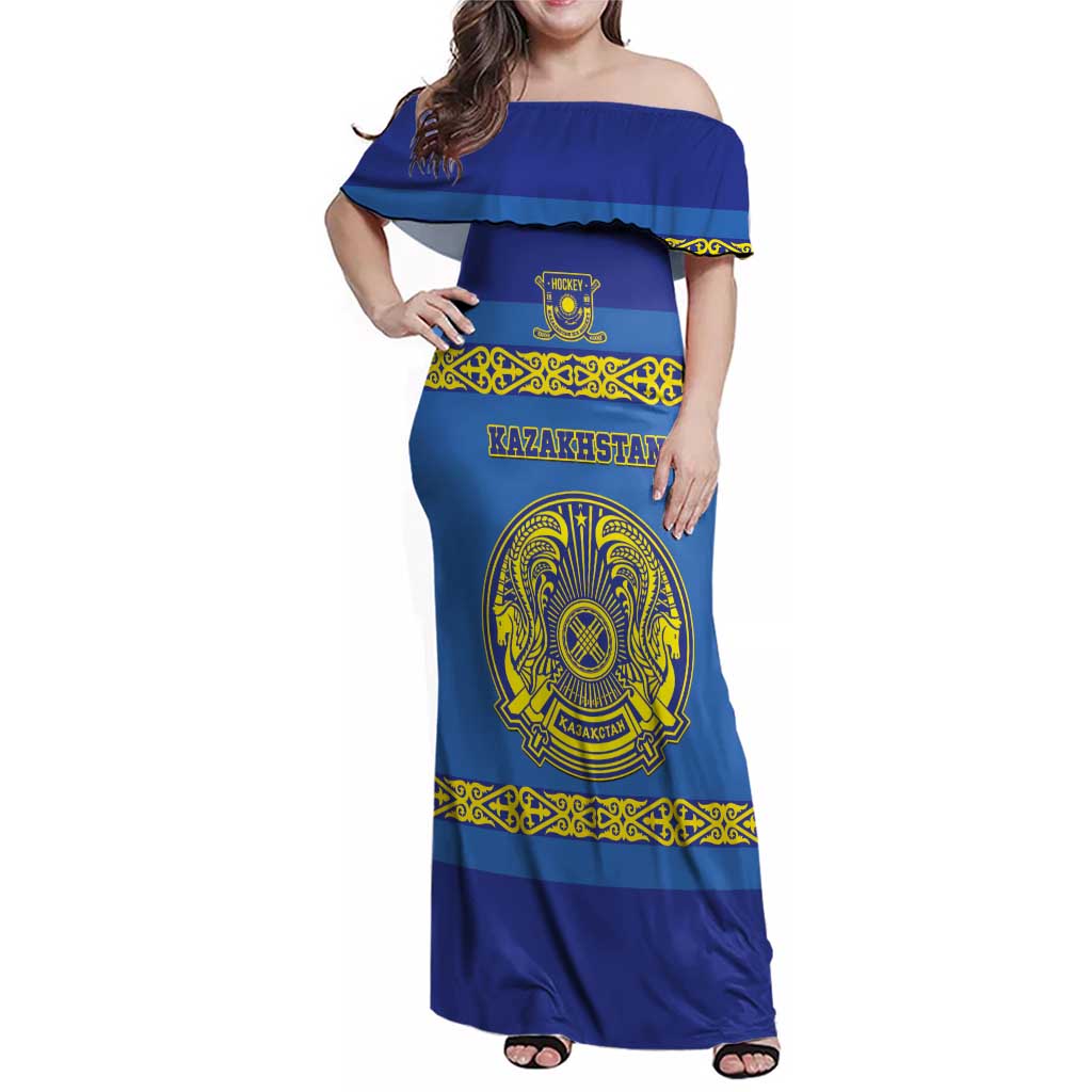 Custom Kazakhstan Hockey Family Matching Off Shoulder Maxi Dress and Hawaiian Shirt Go Kazakh - Wonder Print Shop