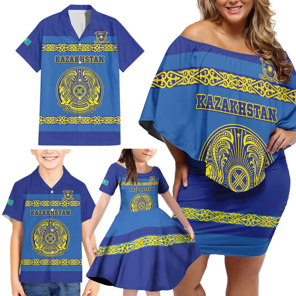 Custom Kazakhstan Hockey Family Matching Off Shoulder Short Dress and Hawaiian Shirt Go Kazakh - Wonder Print Shop