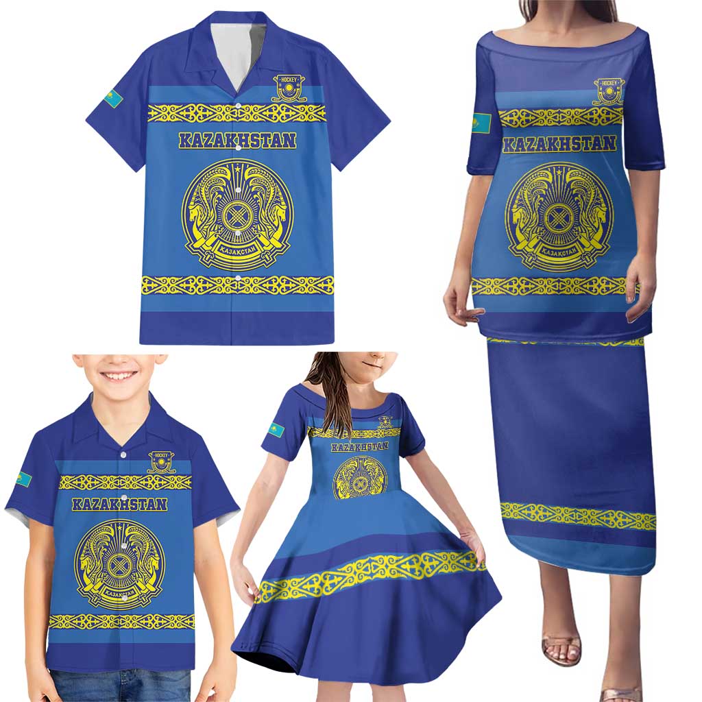 Custom Kazakhstan Hockey Family Matching Puletasi and Hawaiian Shirt Go Kazakh - Wonder Print Shop