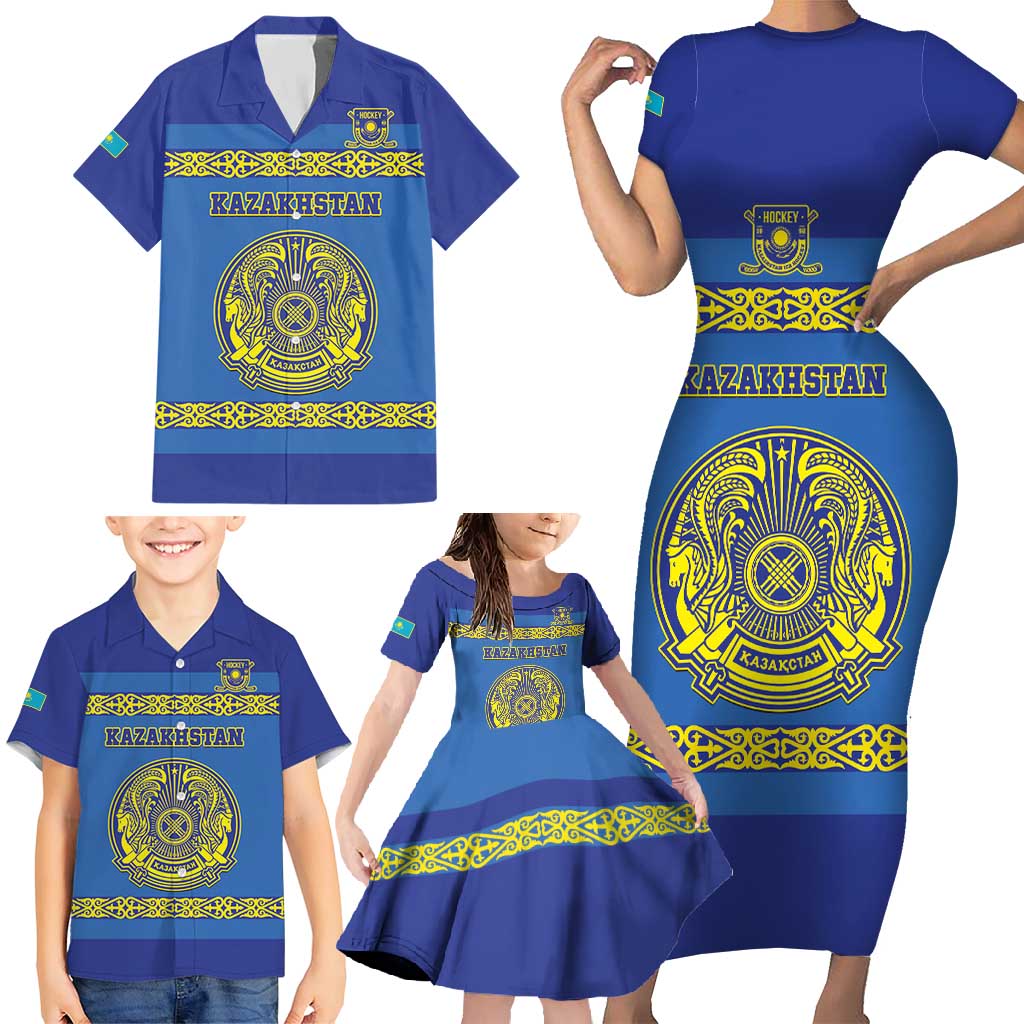 Custom Kazakhstan Hockey Family Matching Short Sleeve Bodycon Dress and Hawaiian Shirt Go Kazakh - Wonder Print Shop