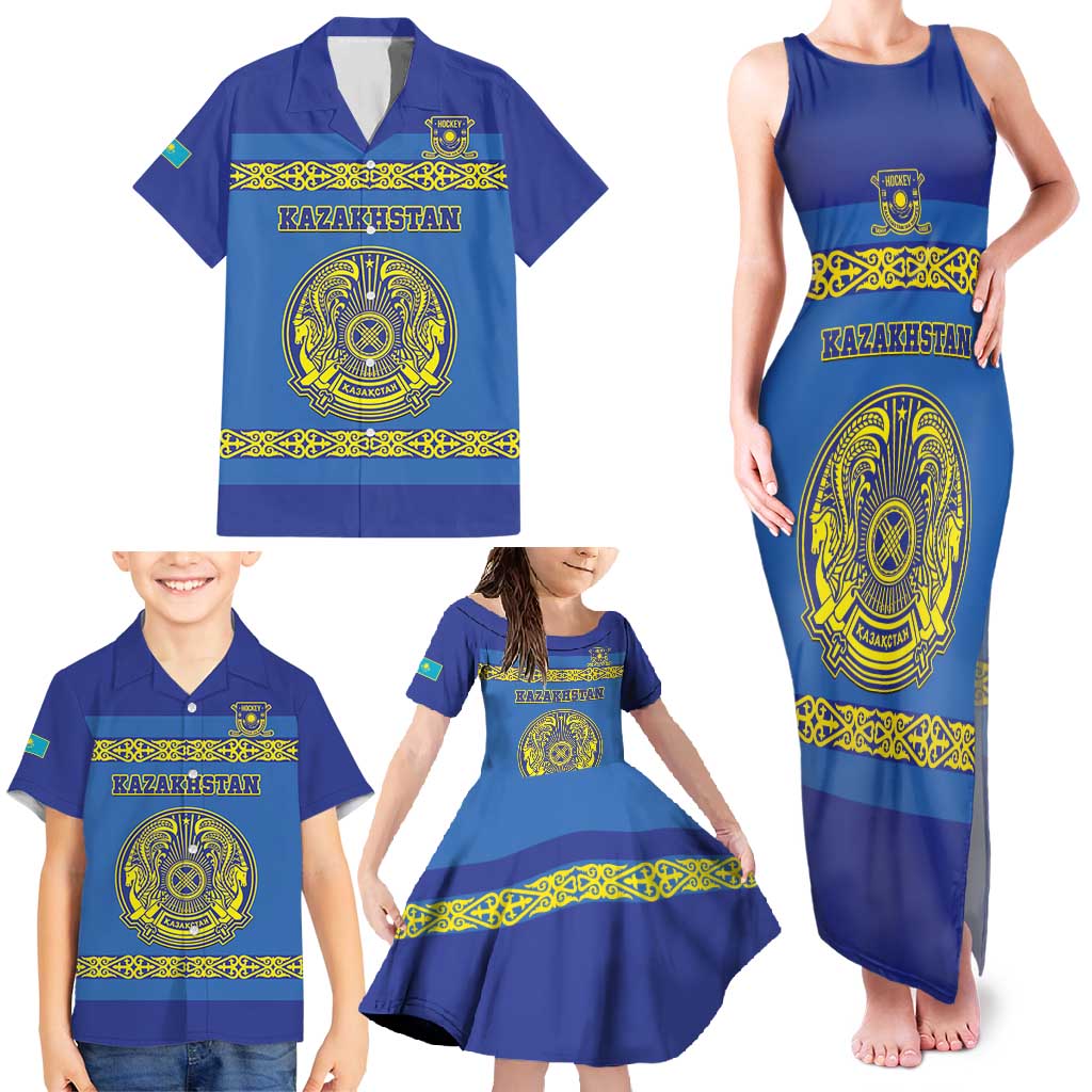 Custom Kazakhstan Hockey Family Matching Tank Maxi Dress and Hawaiian Shirt Go Kazakh - Wonder Print Shop