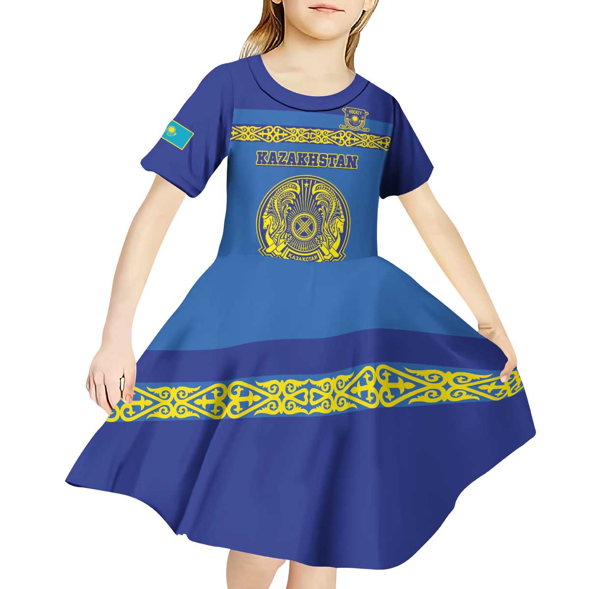 Custom Kazakhstan Hockey Kid Short Sleeve Dress Go Kazakh - Wonder Print Shop