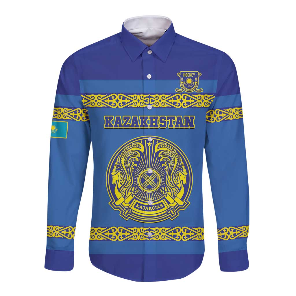 Custom Kazakhstan Hockey Long Sleeve Button Shirt Go Kazakh - Wonder Print Shop
