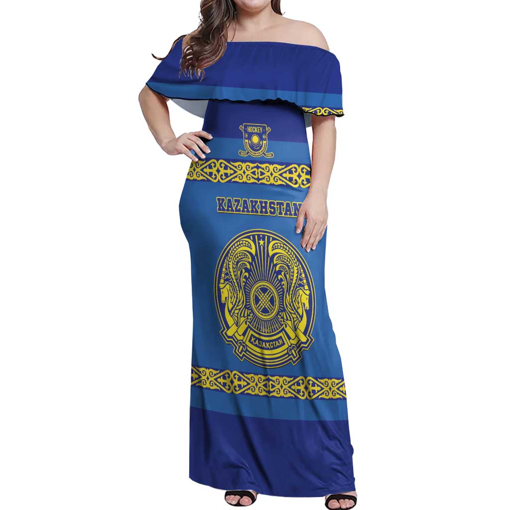 Custom Kazakhstan Hockey Off Shoulder Maxi Dress Go Kazakh - Wonder Print Shop