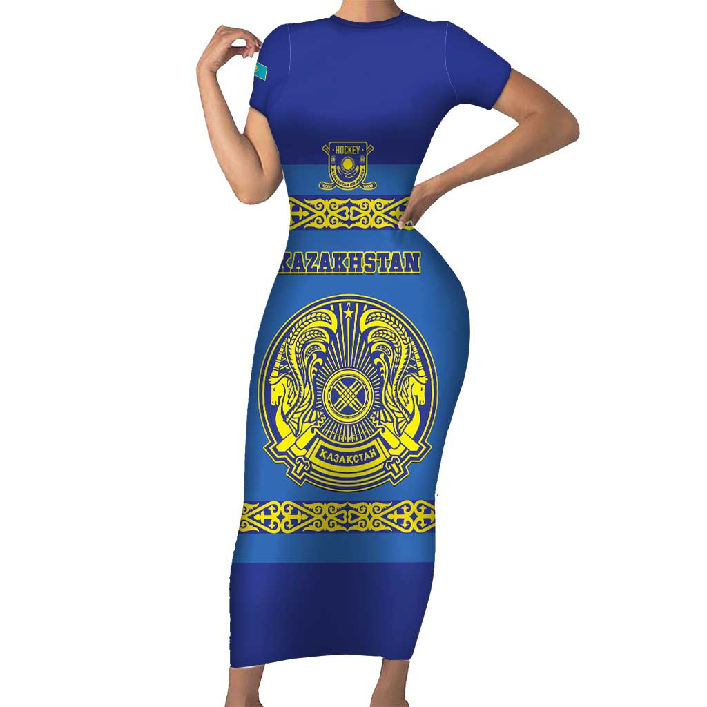 Custom Kazakhstan Hockey Short Sleeve Bodycon Dress Go Kazakh - Wonder Print Shop