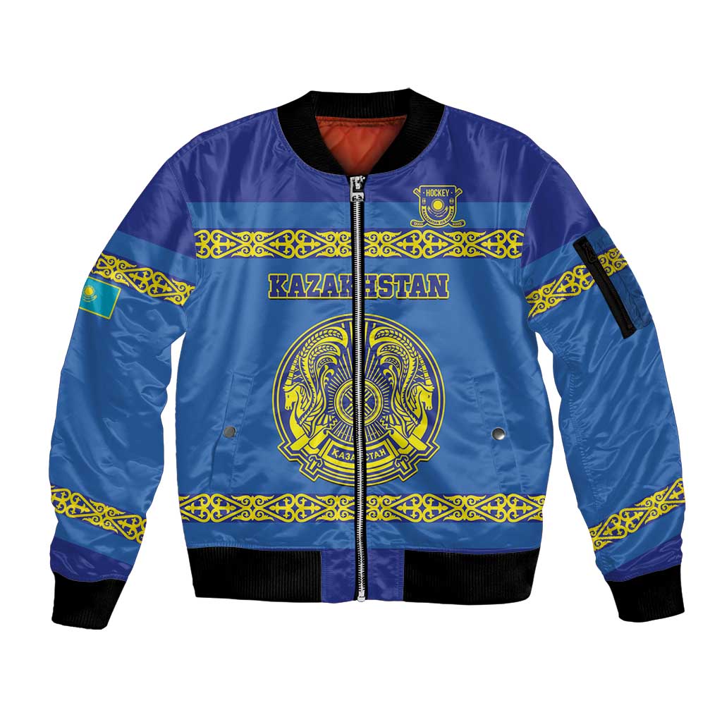 Custom Kazakhstan Hockey Sleeve Zip Bomber Jacket Go Kazakh - Wonder Print Shop