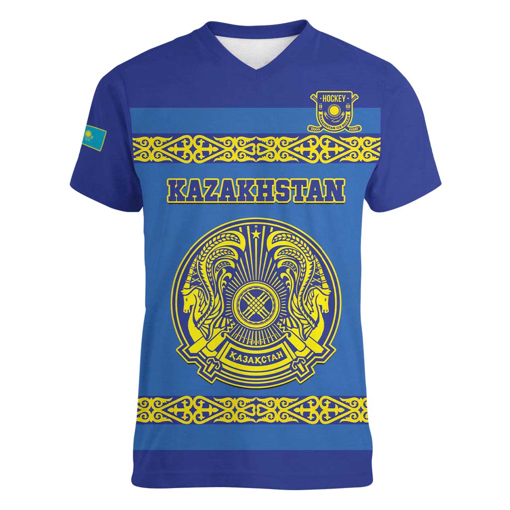 Custom Kazakhstan Hockey Women V-Neck T-Shirt Go Kazakh - Wonder Print Shop