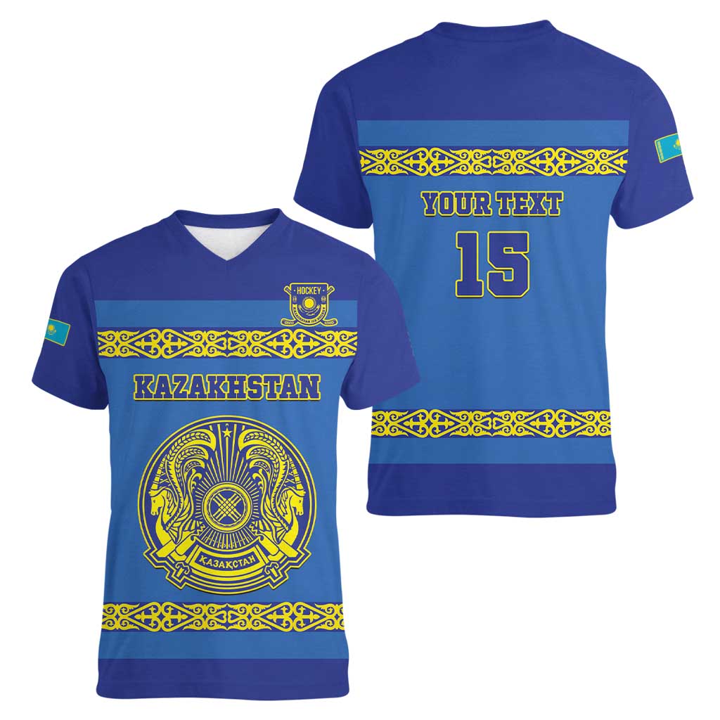Custom Kazakhstan Hockey Women V-Neck T-Shirt Go Kazakh - Wonder Print Shop
