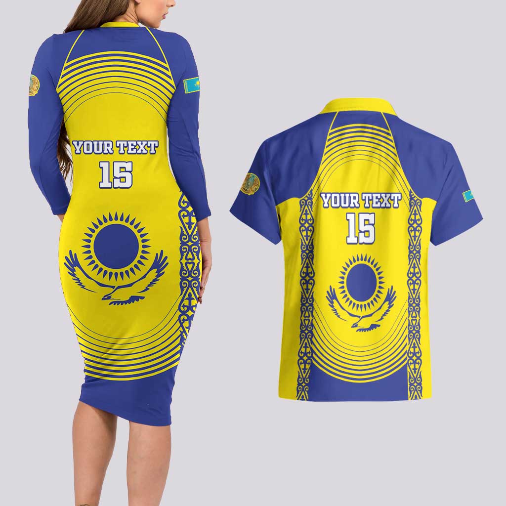 Custom Kazakhstan Football Couples Matching Long Sleeve Bodycon Dress and Hawaiian Shirt Go The Hawks - Wonder Print Shop