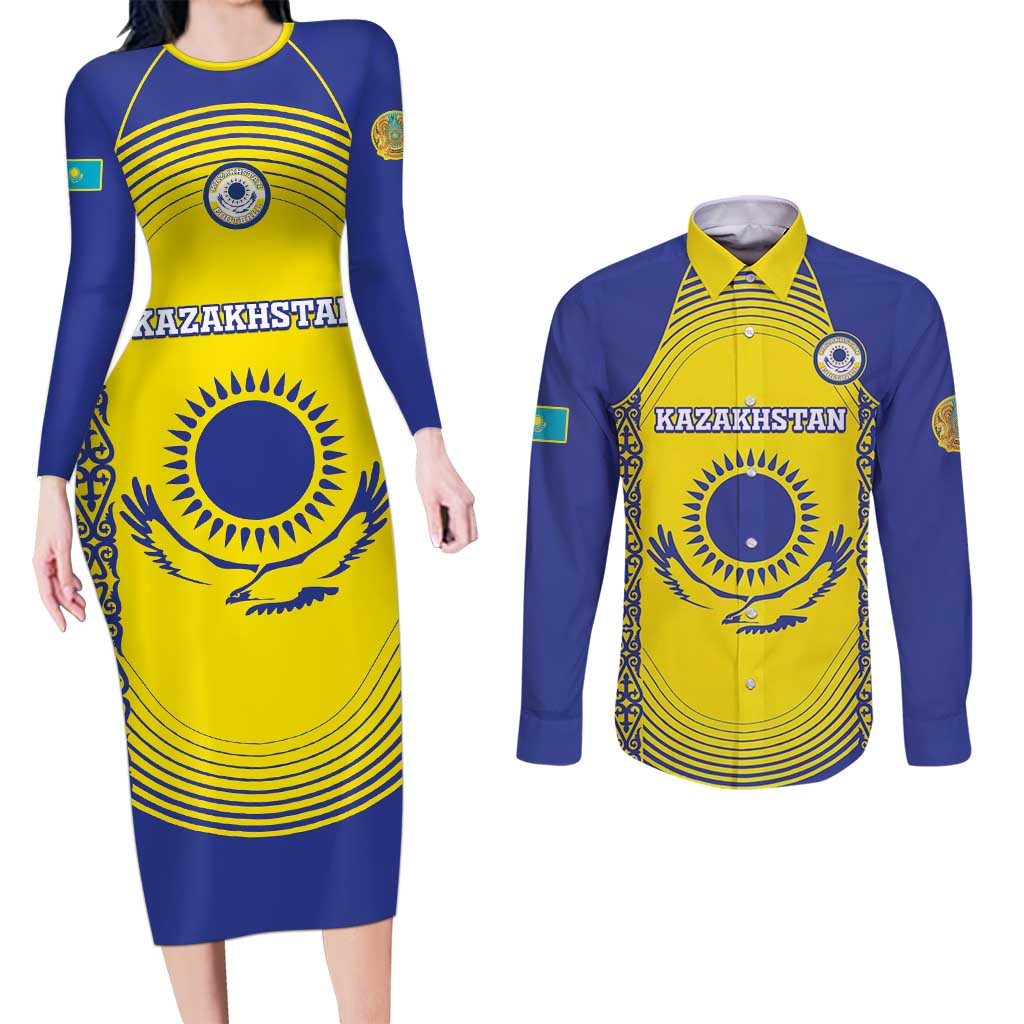 Custom Kazakhstan Football Couples Matching Long Sleeve Bodycon Dress and Long Sleeve Button Shirt Go The Hawks - Wonder Print Shop