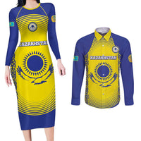 Custom Kazakhstan Football Couples Matching Long Sleeve Bodycon Dress and Long Sleeve Button Shirt Go The Hawks - Wonder Print Shop
